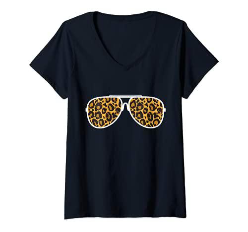 Mujer Gafas de sol con estampado de leopardo, diseño de guepardo Camiseta Cuello V