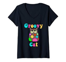 Mujer Groovy Cat en gafas de sol estilo retro de los años 70 con Camiseta Cuello V