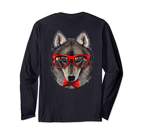 Lobo gris con gafas de sol retro rojas y pajarita Manga Larga