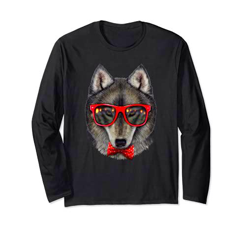 Lobo gris con gafas de sol retro rojas y pajarita Manga Larga