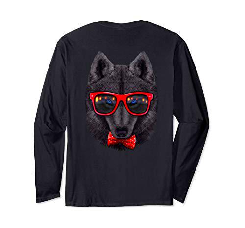 Lobo negro con gafas de sol retro rojas y pajarita Manga Larga