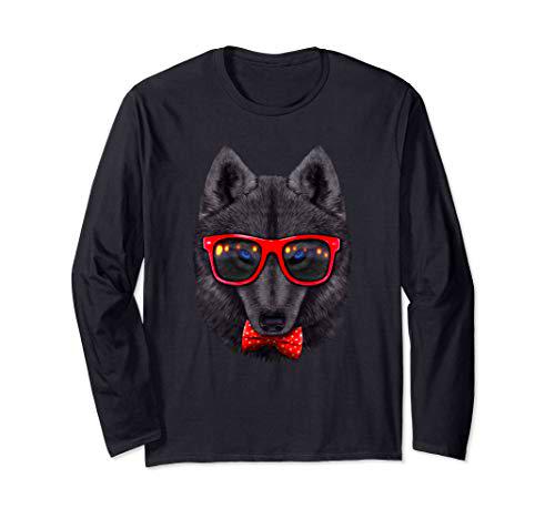 Lobo negro con gafas de sol retro rojas y pajarita Manga Larga