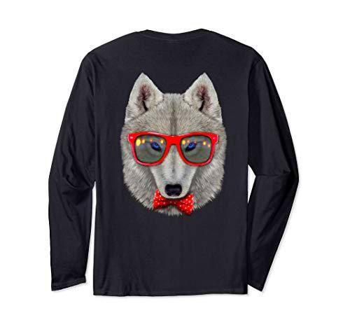 Lobo ártico con gafas de sol retro rojas y pajarita Manga Larga