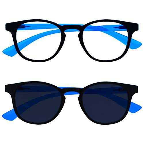 Opulize Niños Paquete Doble Luz Azul Gafas Con Matching Gafas De Sol Niños Muchachas Años 6+ Negro Neon Azul BS47-B