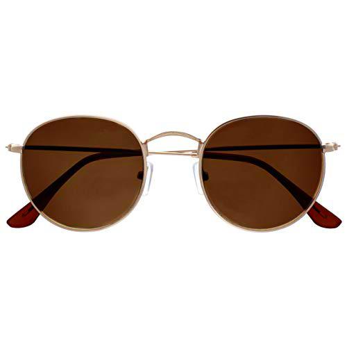 Opulize Sol Gafas de Lectura Solares Montura Retro Redonda Dorado Marrón Resistente a Arañazos Bisagras de Muelle Lente Tintado Protección UV 400 Unisex Hombre Mujer S94-9 +3.50