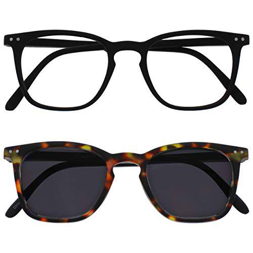 Opulize Bex Paquete Doble Hombres Gafas De Lectura Con Lectores De Sol Grande Negro Mate Marrón RS64-12 +3,50