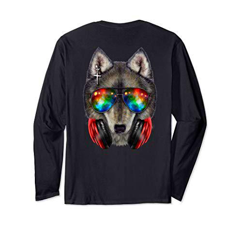 Lobo con auriculares y gafas de sol del espacio exterior