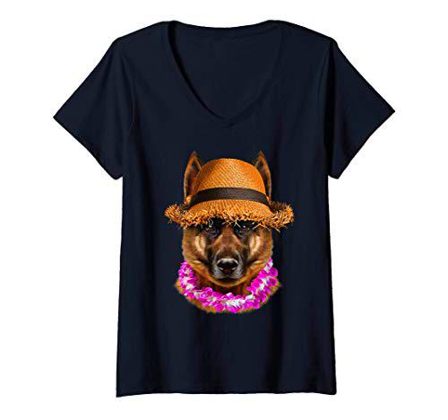 Mujer Perro pastor alemán con sombrero de paja y gafas de sol Camiseta Cuello V