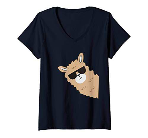 Mujer Amante de la alpaca Llama con gafas de sol Lindo Llama Camiseta Cuello V