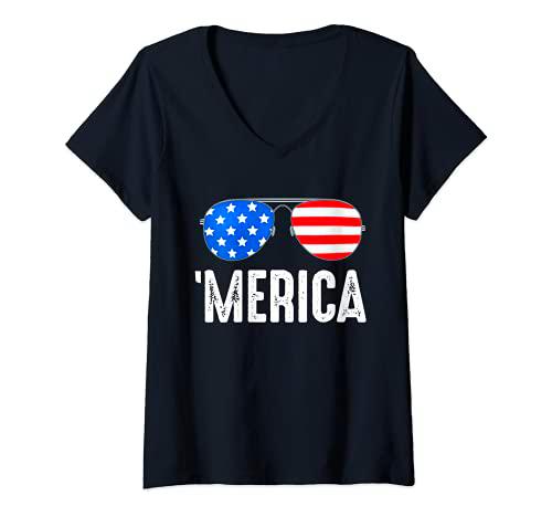 Mujer Merica Gafas de sol Bandera americana Camiseta Cuello V