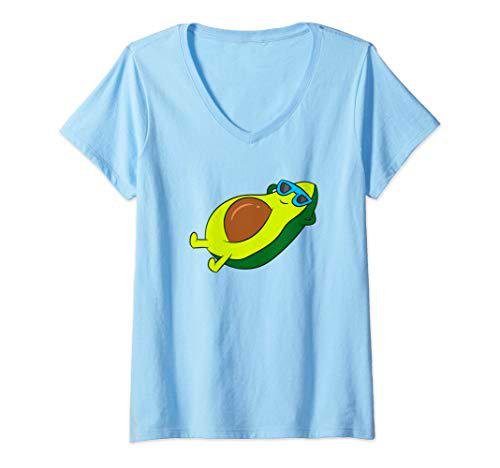 Mujer Aguacate con gafas de sol Vegetal Aguacate relajante Camiseta Cuello V