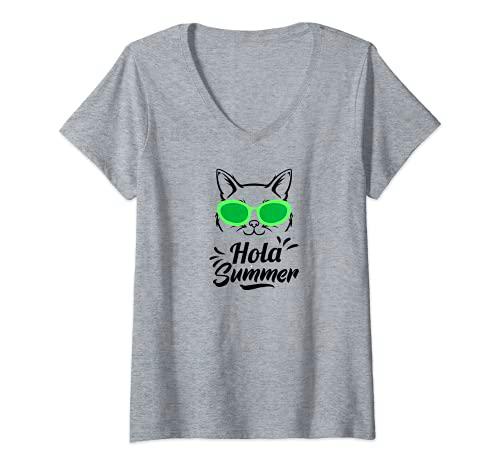 Mujer Gato con gafas de Sol - Hola Summer - Diseño de Verano Camiseta Cuello V