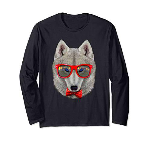 Lobo ártico con gafas de sol retro rojas y pajarita Manga Larga