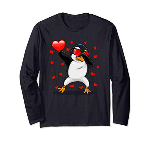 Divertido Dabbing Pingüino Tiene Gafas De Sol Y Corazón Manga Larga